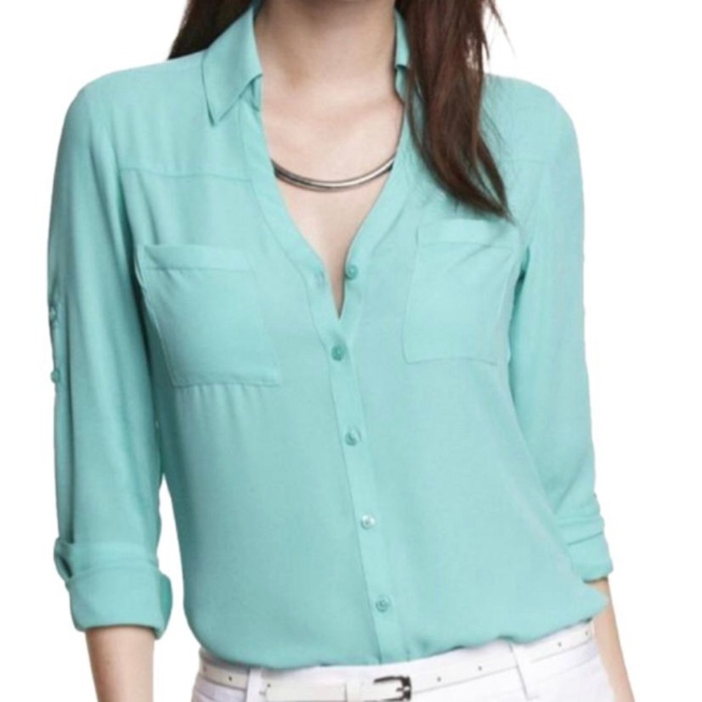 Express Tops | Express Blue/ Aqua Portofino Blouse Button-down Top